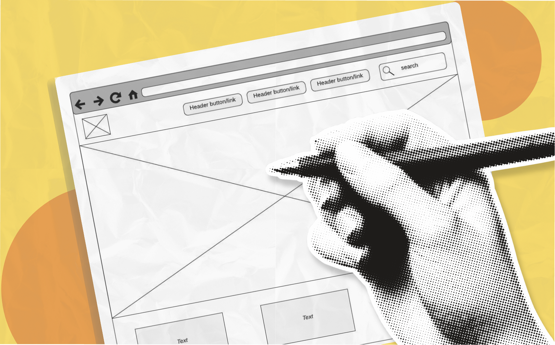 Illustration of website wireframing and user interface design, showing a hand sketching a website layout inside a browser window.