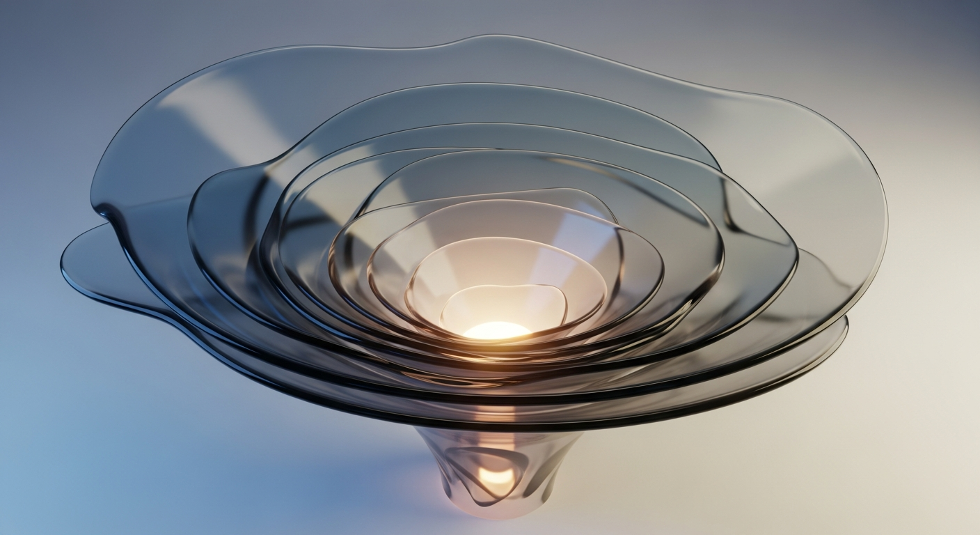 An abstract funnel of flowing shapes narrowing toward a single glowing point