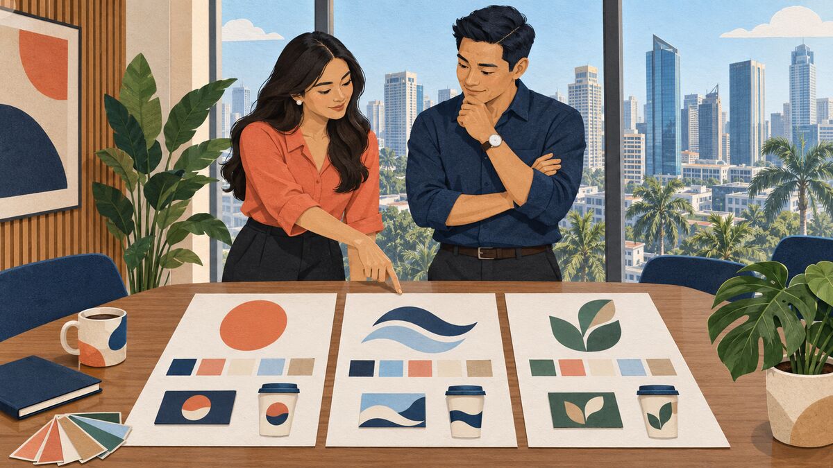 Paper-collage illustration of two people in a Makati meeting room comparing three brand identity boards on a table, each with a different logo mark, colour swatches and sample packaging, with the city skyline behind.