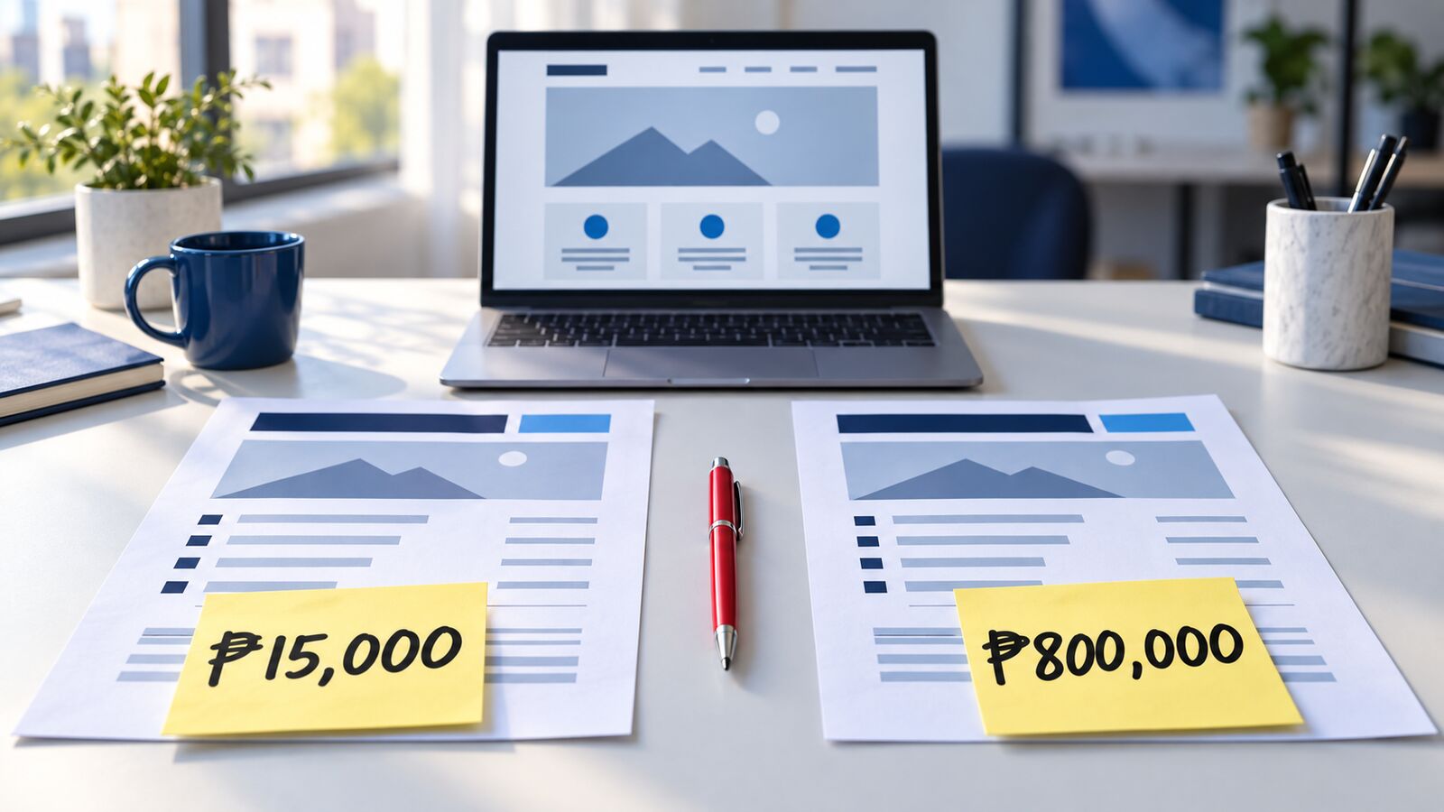 Two identical website quotations on a desk with sticky notes reading ₱15,000 and ₱800,000, a red pen between them and a laptop behind