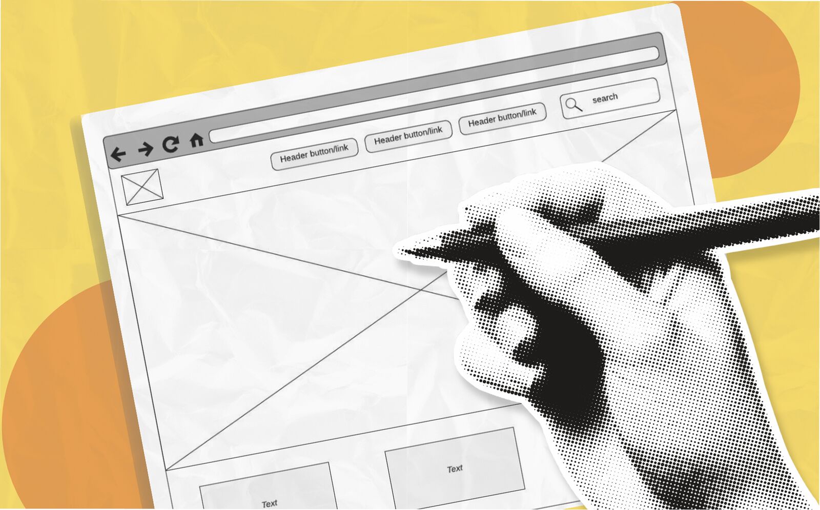 Illustration of website wireframing and user interface design, showing a hand sketching a website layout inside a browser window.