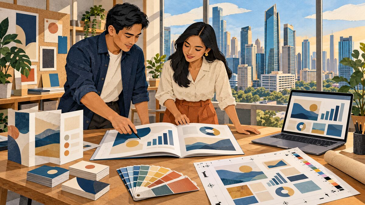 Paper-collage illustration of two people in a Makati design studio reviewing printed work on a table: an open annual report with charts, a brochure, business cards, colour swatches and a printer's proof, with the same report on a laptop and the city