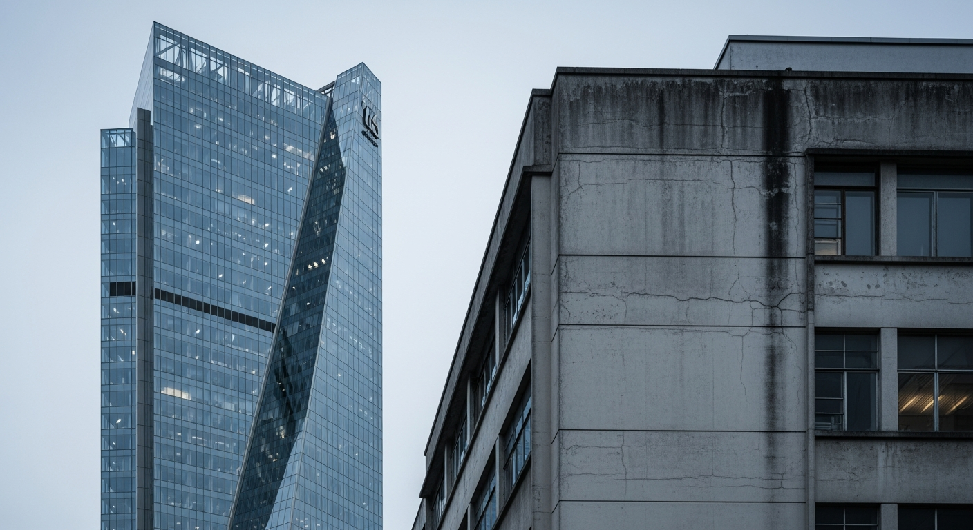 A well-maintained modern glass building beside an older, weathered concrete building