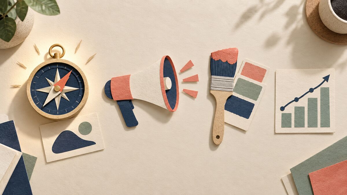 Paper-collage desk scene: a compass, a megaphone, a paintbrush with colour swatches and a rising bar chart, representing branding, advertising, creative and digital marketing agencies