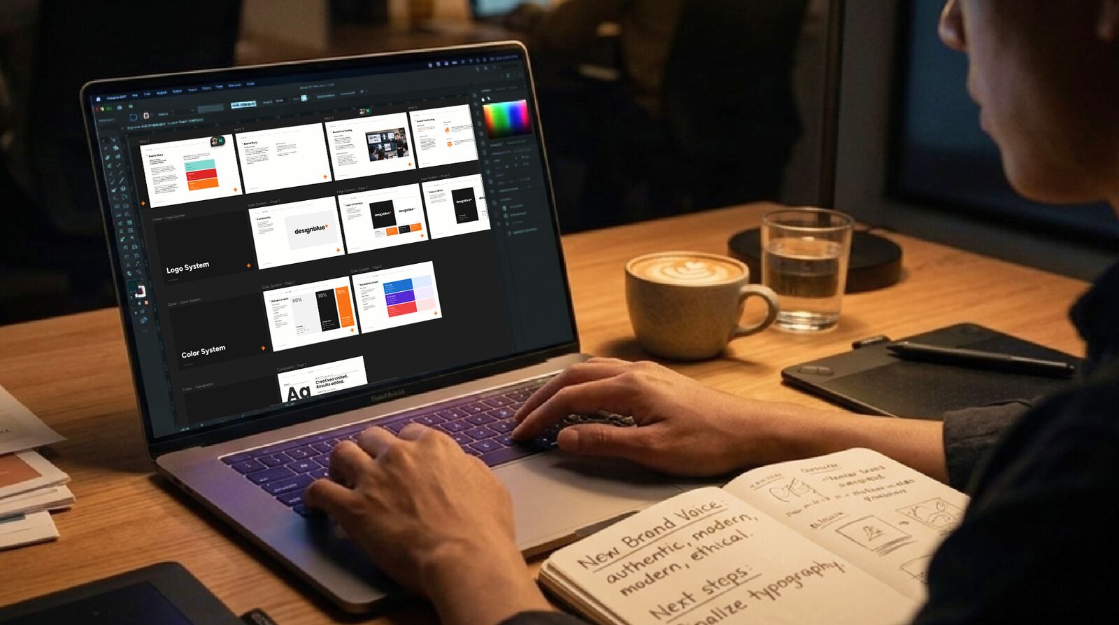 An open notebook with a structured brief and a pen on a meeting table with two coffees