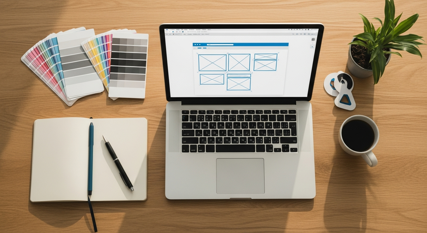 A designer's desk with a laptop showing a website wireframe, color swatches and a notebook