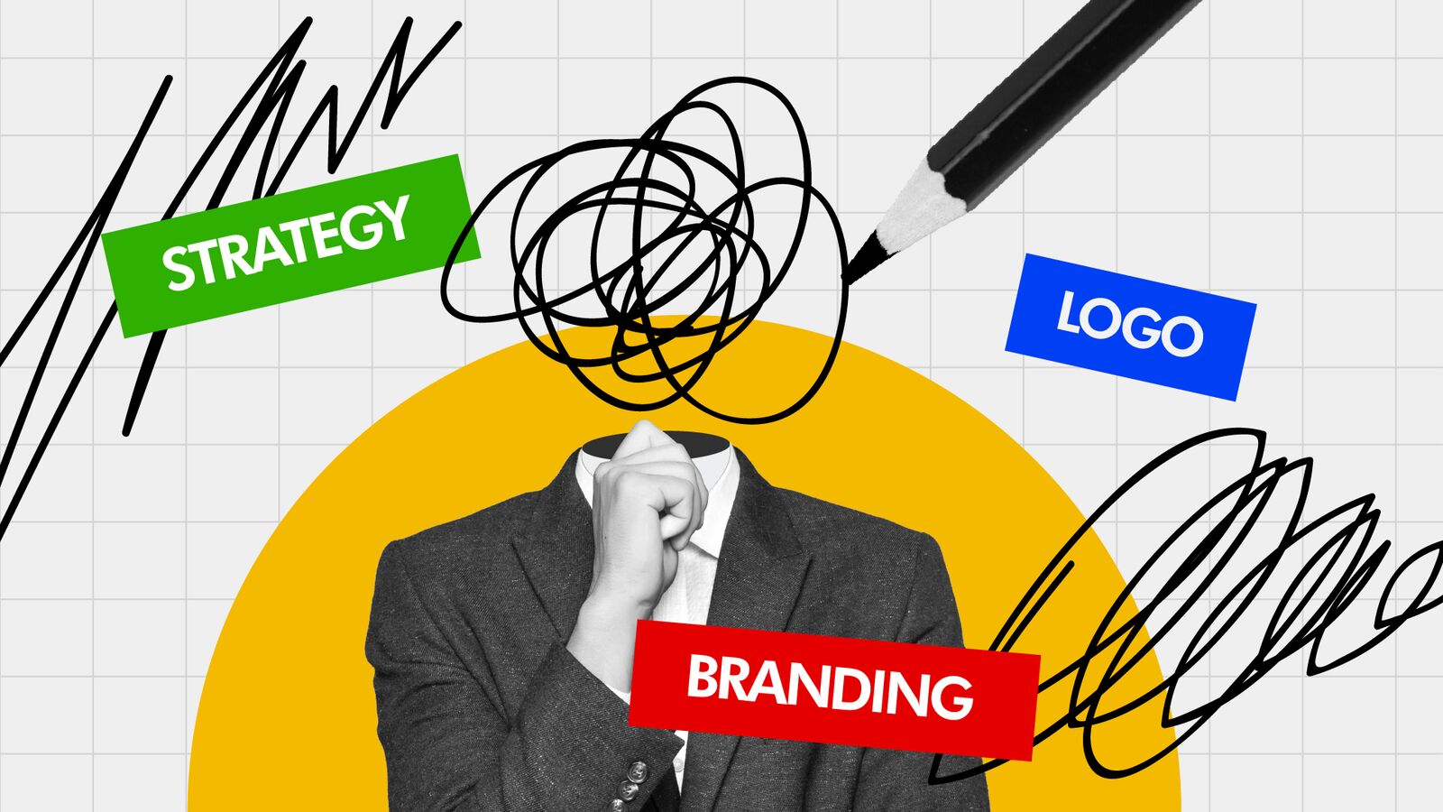 Collage illustration of a man in a grey suit whose head is replaced by a tangle of scribbled lines, set against a yellow circle on grid paper, with a pencil and three labels reading Strategy, Logo and Branding.