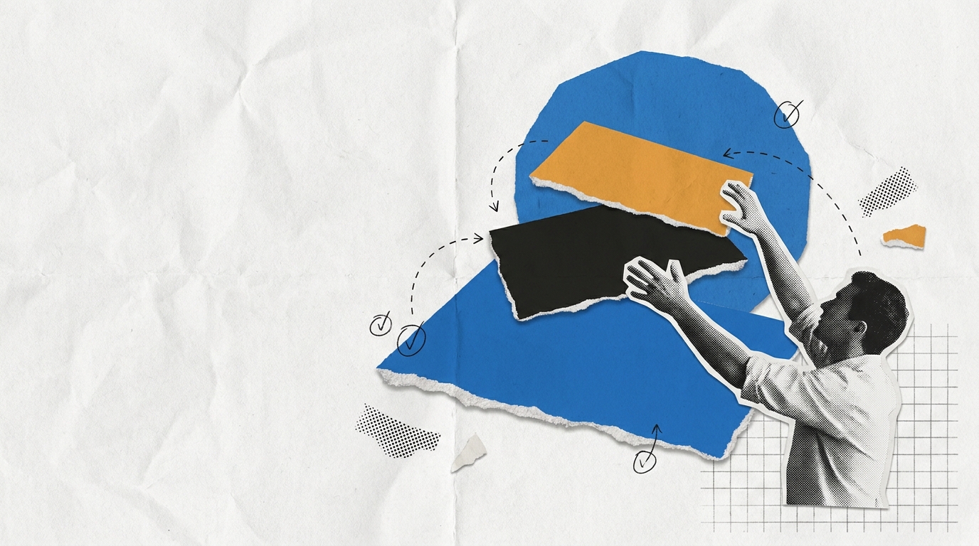 Paper-collage illustration of a person steadying a stack of layered shapes, representing ongoing website maintenance