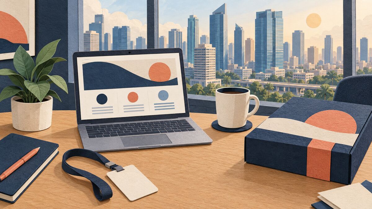 Paper-collage illustration of a new hire's desk in a Makati office: a laptop showing a careers page, an ID lanyard, a welcome kit, a coffee mug and a plant, with the city skyline behind.