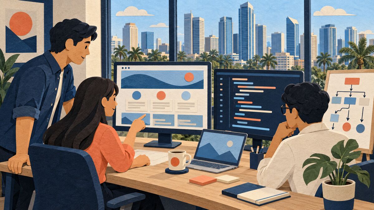 Paper-collage illustration of a web development team at a desk in a Makati office: one monitor shows a website layout, another shows code, with a site-map diagram on a board and the city skyline behind.