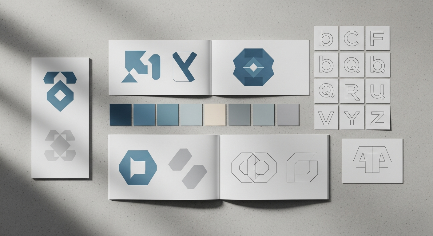 A brand style-guide spread with logo lockups, colour chips and type specimens